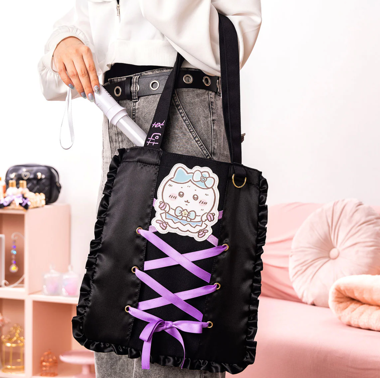 Chiikawa 魔法少女 小八黑色絲帶手提袋tote bag