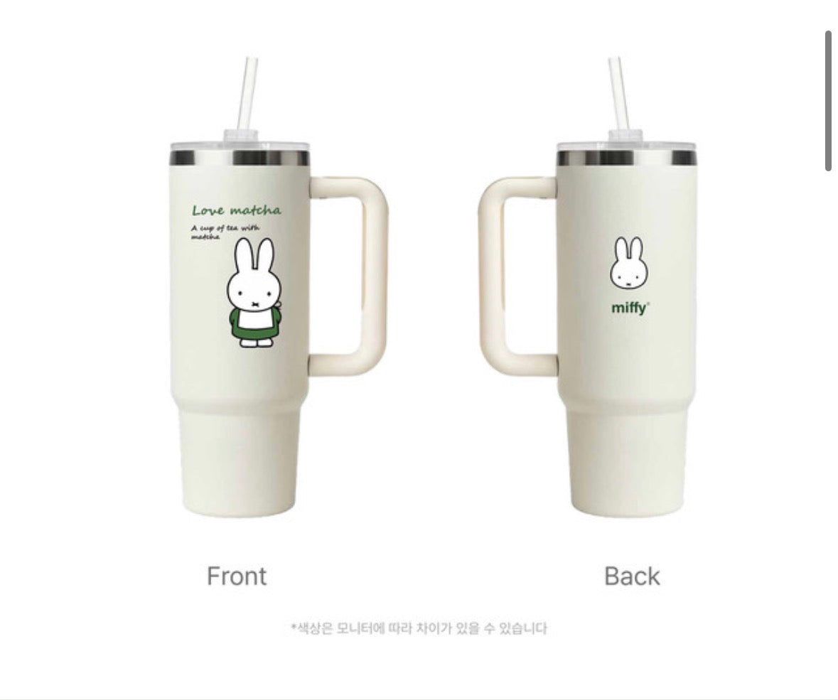 Miffy 韓國限定超大容量不鏽鋼保溫保冷隨行杯套裝 連立體飲管帽&迷你杯造型鎖匙扣(白色)
