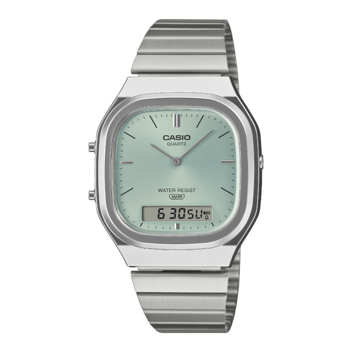 CASIO Vintage 冰藍方塊雙顯金屬方形復古腕錶 AQ-240E-2A