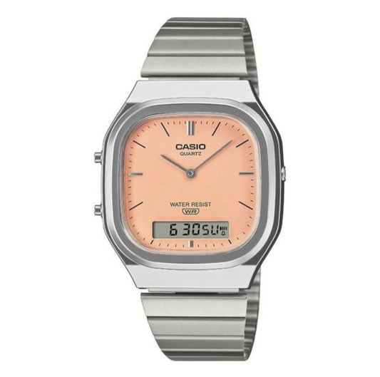 CASIO Vintage 蜜桃粉方塊雙顯金屬方形復古腕錶 AQ-240E-4A