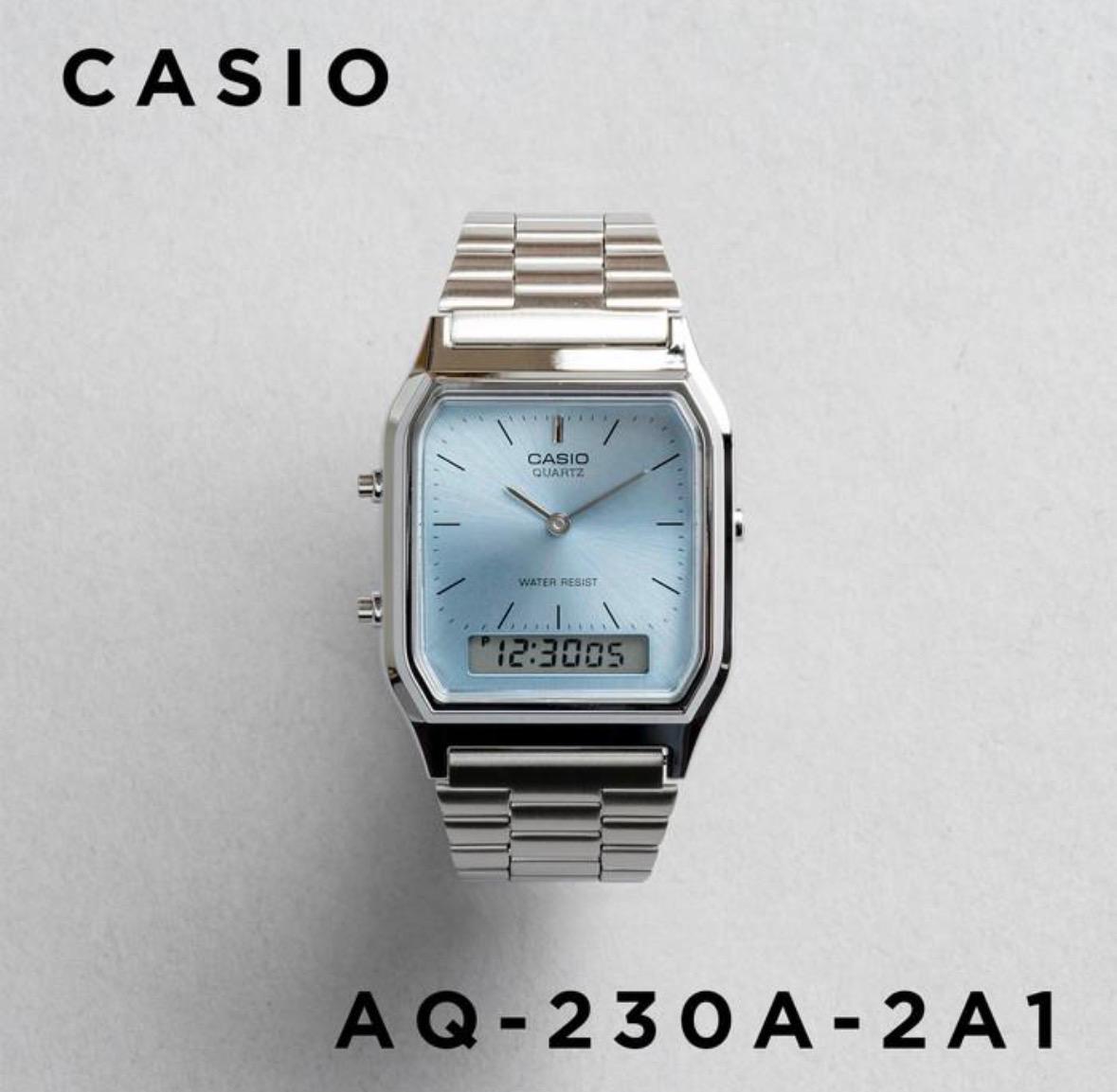 CASIO Vintage 淺藍色方塊雙顯金屬方形復古腕錶 AQ-230A-2A