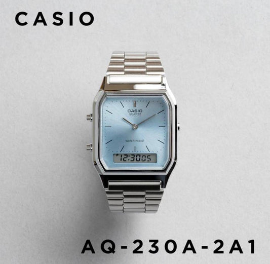 CASIO Vintage 淺藍色方塊雙顯金屬方形復古腕錶 AQ-230A-2A