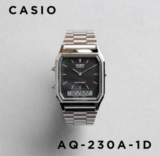CASIO Vintage 黑色方塊雙顯金屬方形復古腕錶 AQ-230A-1D