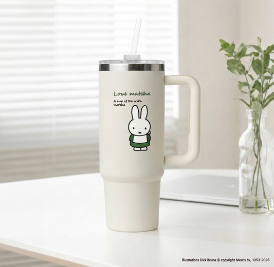 Miffy 韓國限定超大容量不鏽鋼保溫保冷隨行杯套裝 連立體飲管帽&迷你杯造型鎖匙扣(白色)