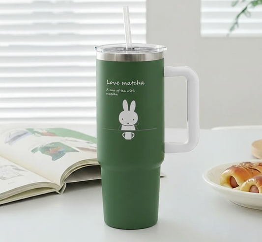Miffy 韓國限定超大容量不鏽鋼保溫保冷隨行杯套裝 連立體飲管帽&迷你杯造型鎖匙扣(綠色)