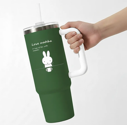 Miffy 韓國限定超大容量不鏽鋼保溫保冷隨行杯套裝 連立體飲管帽&迷你杯造型鎖匙扣(綠色)